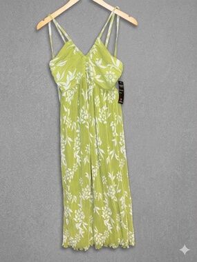 Fun & Flirt by Japna Pleated Maxi Dress Size M Lime Green Floral Boho Summer